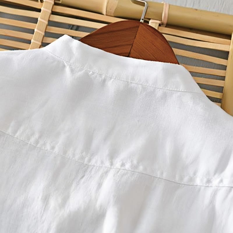 Camisa de lino con cuello alto, media manga y botones para hombre, color liso, Buddha Stones Daily - image 8