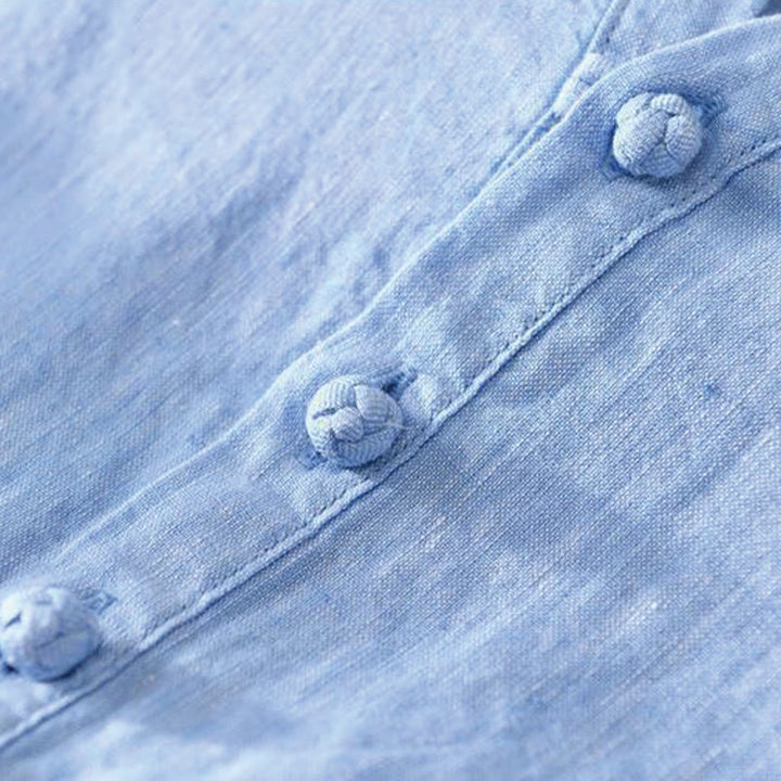 Camisa de lino con cuello alto, media manga y botones para hombre, color liso, Buddha Stones Daily - image 15