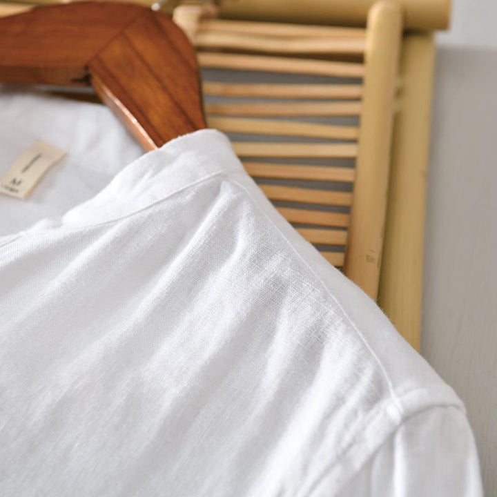 Camisa de lino con cuello alto, media manga y botones para hombre, color liso, Buddha Stones Daily - image 7