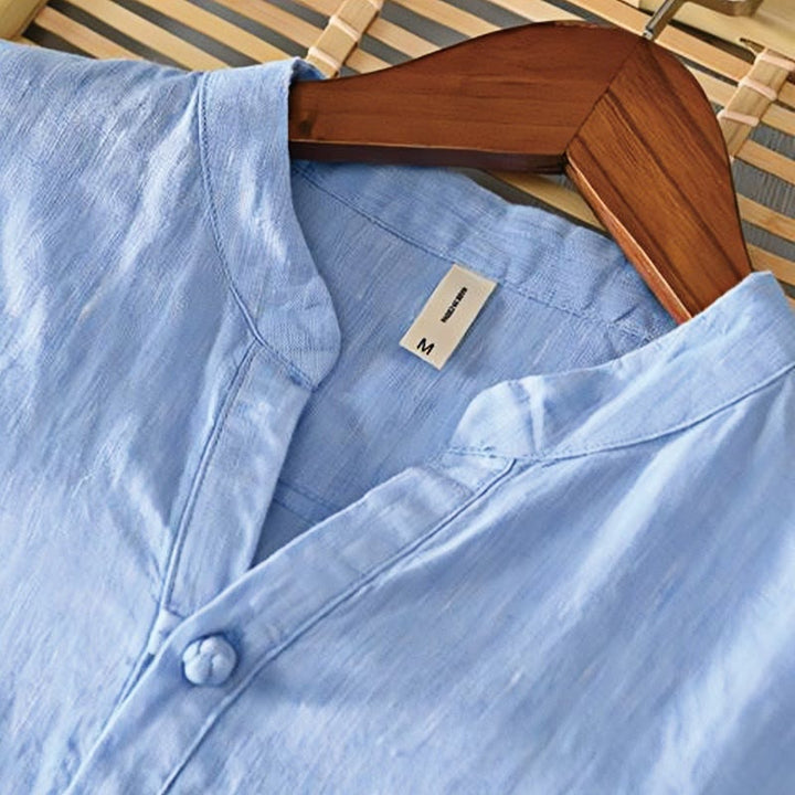 Camisa de lino con cuello alto, media manga y botones para hombre, color liso, Buddha Stones Daily - image 13