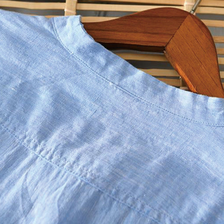 Camisa de lino con cuello alto, media manga y botones para hombre, color liso, Buddha Stones Daily - image 14