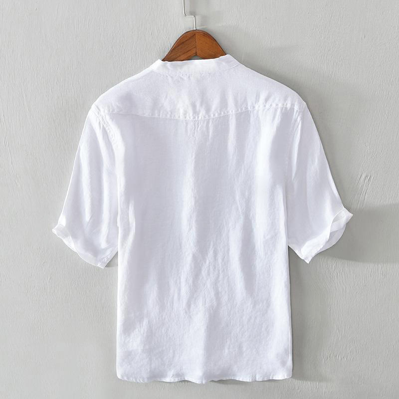 Camisa de lino con cuello alto, media manga y botones para hombre, color liso, Buddha Stones Daily - image 6
