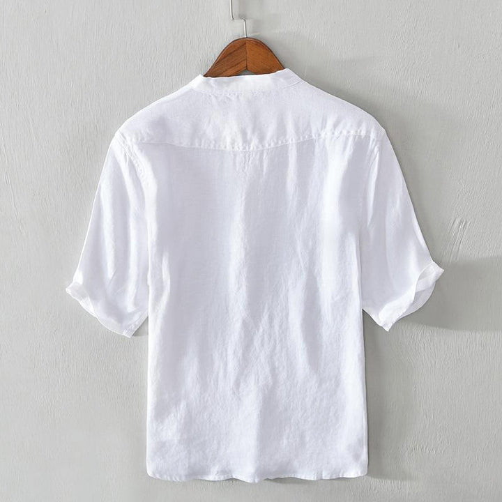Camisa de lino con cuello alto, media manga y botones para hombre, color liso, Buddha Stones Daily - image 6