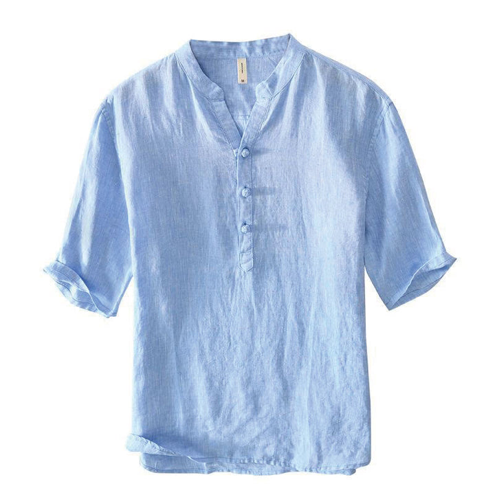 Camisa de lino con cuello alto, media manga y botones para hombre, color liso, Buddha Stones Daily - image 12