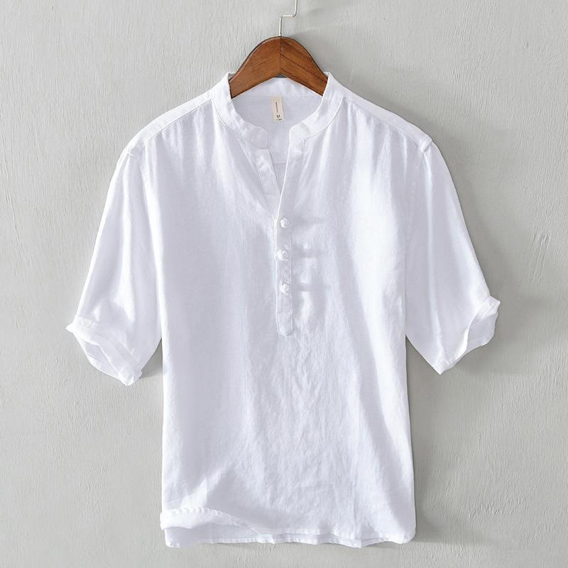 Camisa de lino con cuello alto, media manga y botones para hombre, color liso, Buddha Stones Daily - Blanco - US/UK/AU42, EU52 (3XL) - image 5