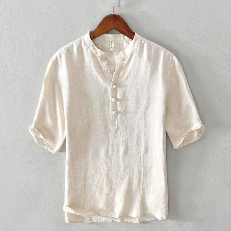 Camisa de lino con cuello alto, media manga y botones para hombre, color liso, Buddha Stones Daily - Amarillo claro - US/UK/AU42, EU52 (3XL) - image 0
