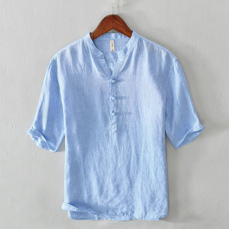 Camisa de lino con cuello alto, media manga y botones para hombre, color liso, Buddha Stones Daily - Azul aciano - US/UK/AU42, EU52 (3XL) - image 12