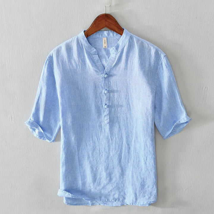 Camisa de lino con cuello alto, media manga y botones para hombre, color liso, Buddha Stones Daily - Azul aciano - US/UK/AU42, EU52 (3XL) - image 12