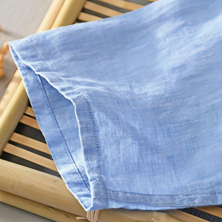 Camisa de lino con cuello alto, media manga y botones para hombre, color liso, Buddha Stones Daily - image 16