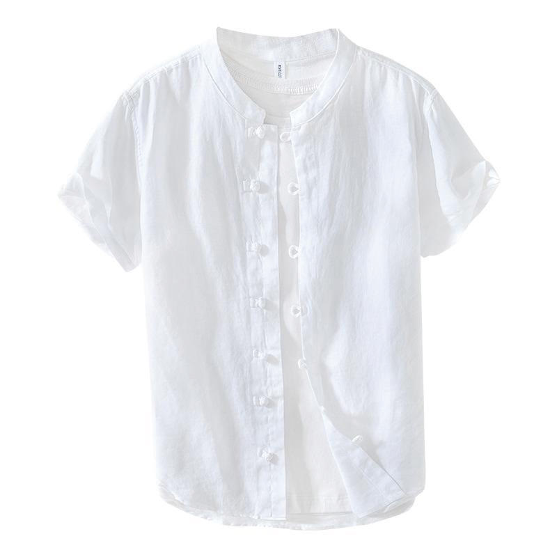 Camisa de lino de manga corta con cuello alto y botones de rana para hombre Buddha Stones Daily - image 12