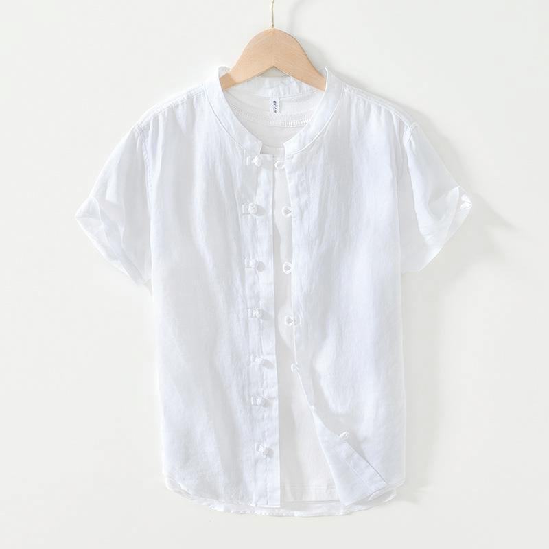 Camisa de lino de manga corta con cuello alto y botones de rana para hombre Buddha Stones Daily - Blanco - US/UK/AU42, EU52 (3XL) - image 6