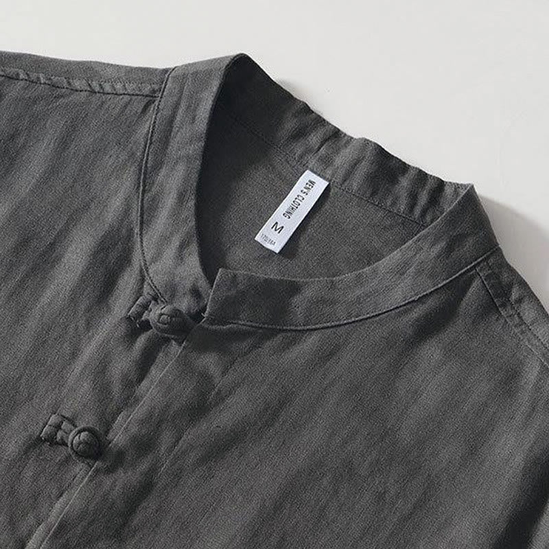 Camisa de lino de manga corta con cuello alto y botones de rana para hombre Buddha Stones Daily - image 2