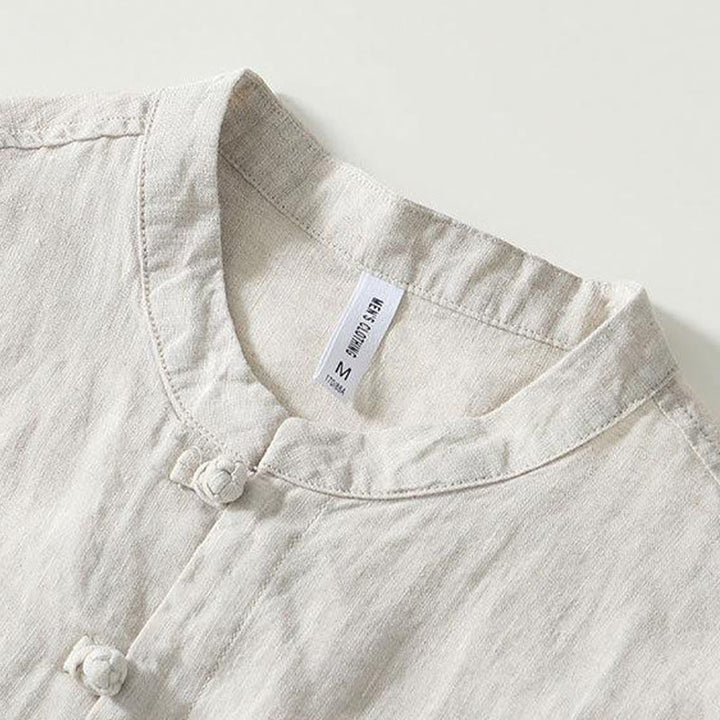 Camisa de lino de manga corta con cuello alto y botones de rana para hombre Buddha Stones Daily - image 14