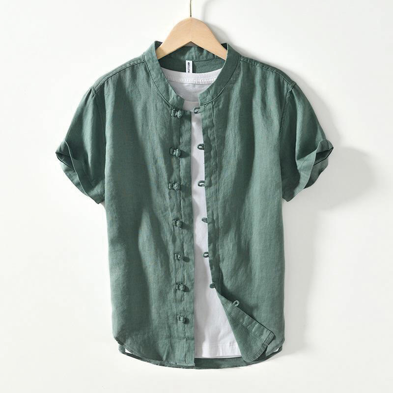 Camisa de lino de manga corta con cuello alto y botones de rana para hombre Buddha Stones Daily - Verde mar medio - US/UK/AU42, EU52 (3XL) - image 18