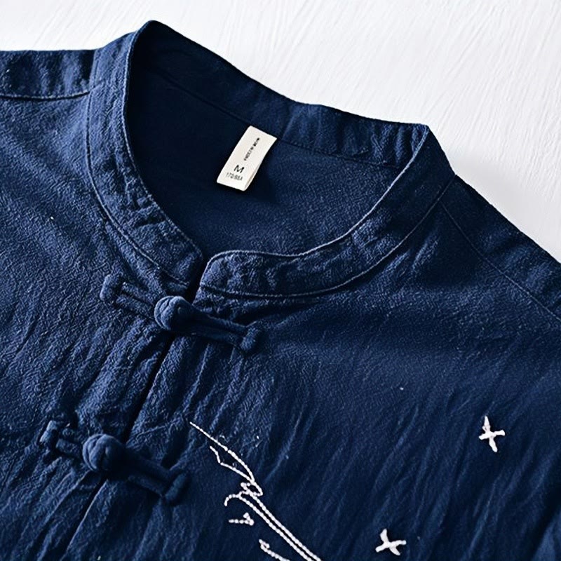 Camisa de hombre de manga corta de algodón y lino con bordado de Buddha Stones y botones de rana, cuello mandarín - image 1