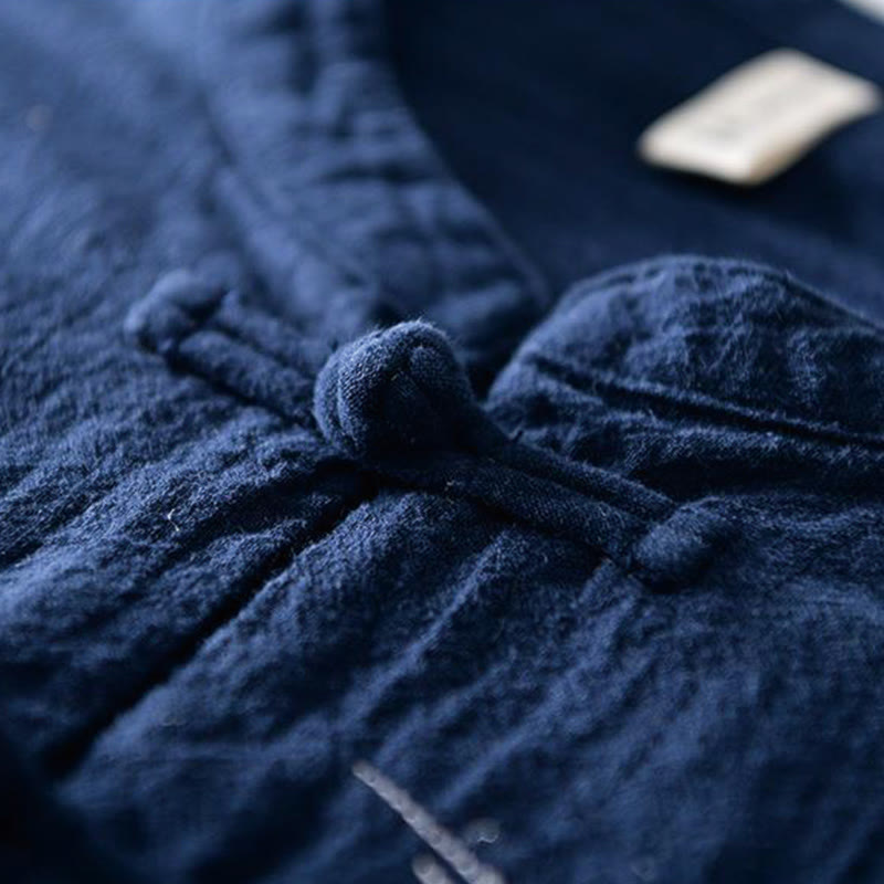 Camisa de hombre de manga corta de algodón y lino con bordado de Buddha Stones y botones de rana, cuello mandarín - image 2