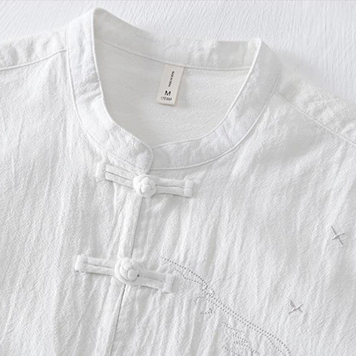 Camisa de hombre de manga corta de algodón y lino con bordado de Buddha Stones y botones de rana, cuello mandarín - image 12