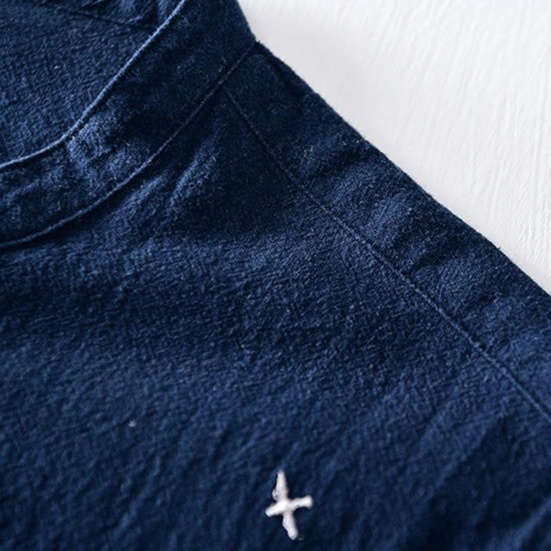 Camisa de hombre de manga corta de algodón y lino con bordado de Buddha Stones y botones de rana, cuello mandarín - image 4