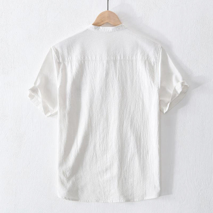 Camisa de hombre de manga corta de algodón y lino con bordado de Buddha Stones y botones de rana, cuello mandarín - image 11