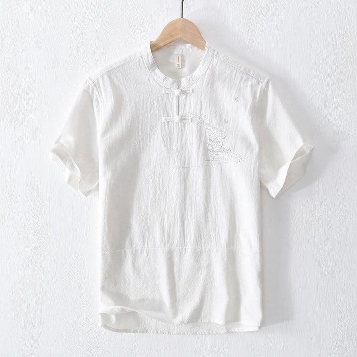 Camisa de hombre de manga corta de algodón y lino con bordado de Buddha Stones y botones de rana, cuello mandarín - Blanco - US/UK/AU42, EU52 (3XL) - image 10