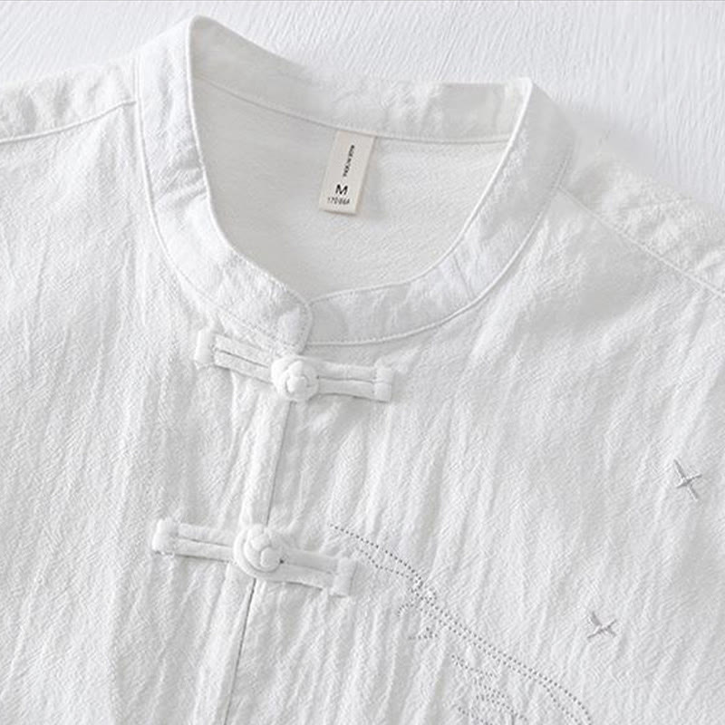 Camisa de hombre de manga corta de algodón y lino con bordado de Buddha Stones y botones de rana, cuello mandarín - image 12