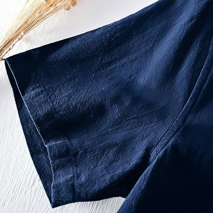 Camisa de hombre de manga corta de algodón y lino con bordado de Buddha Stones y botones de rana, cuello mandarín - image 6