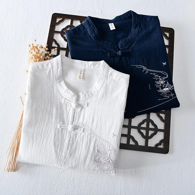 Camisa de hombre de manga corta de algodón y lino con bordado de Buddha Stones y botones de rana, cuello mandarín - image 19