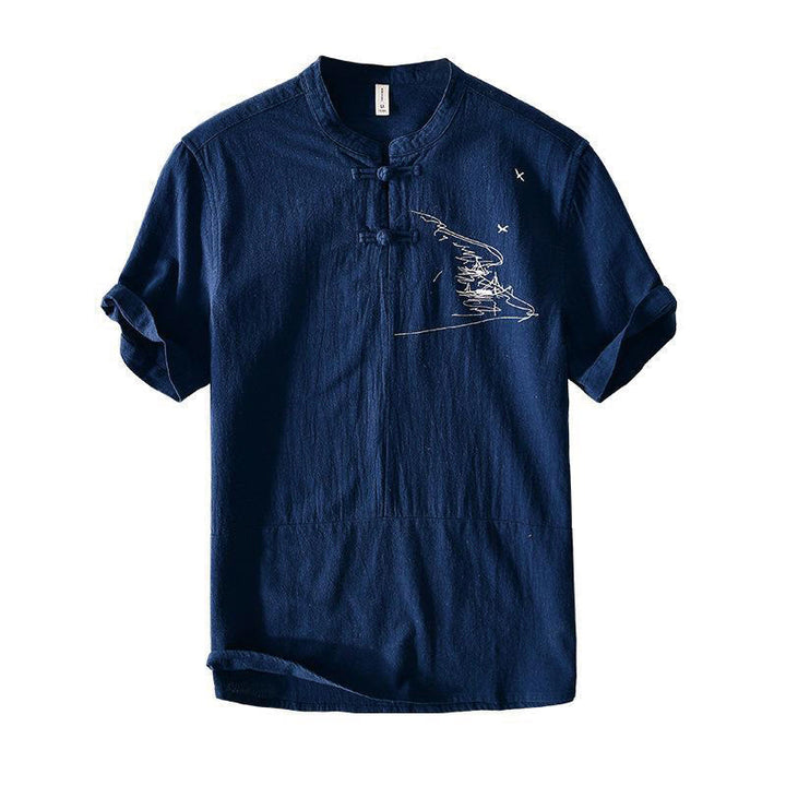 Camisa de hombre de manga corta de algodón y lino con bordado de Buddha Stones y botones de rana, cuello mandarín - image 9