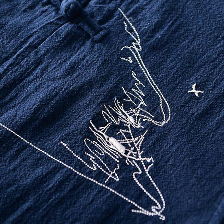 Camisa de hombre de manga corta de algodón y lino con bordado de Buddha Stones y botones de rana, cuello mandarín - image 3