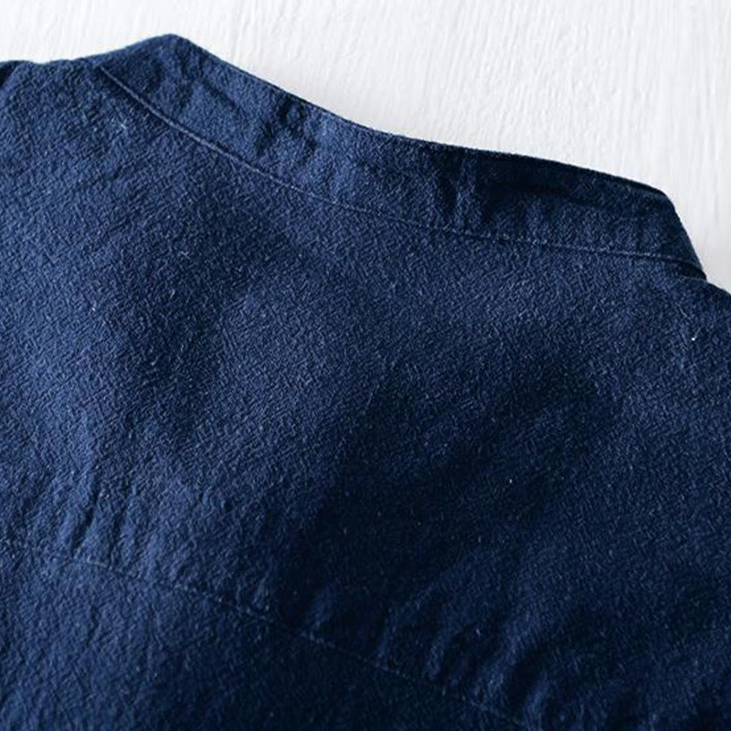 Camisa de hombre de manga corta de algodón y lino con bordado de Buddha Stones y botones de rana, cuello mandarín - image 5