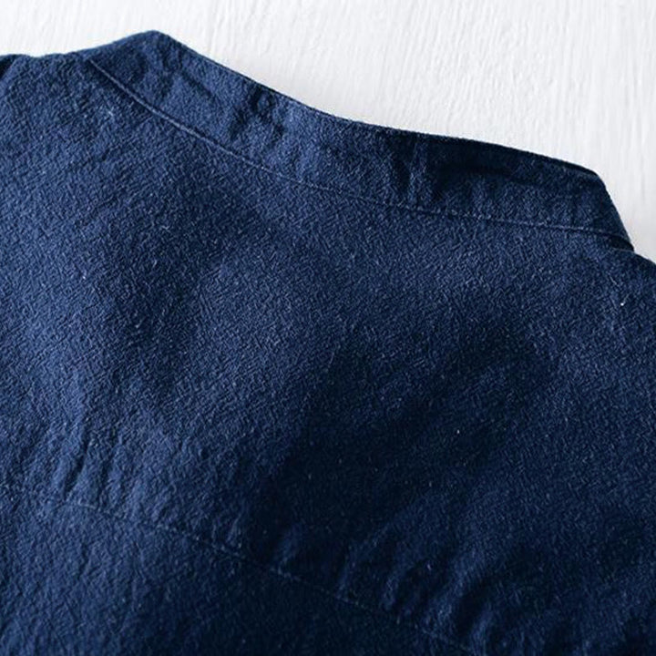 Camisa de hombre de manga corta de algodón y lino con bordado de Buddha Stones y botones de rana, cuello mandarín - image 5