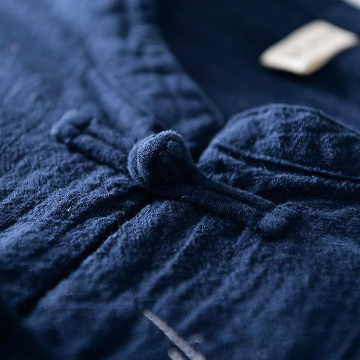 Camisa de hombre de manga corta de algodón y lino con bordado de Buddha Stones y botones de rana, cuello mandarín - image 2