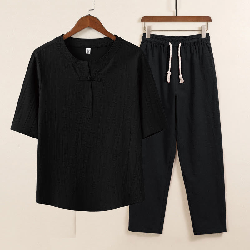 Conjunto de 2 piezas de ropa de meditación para hombre con diseño simple de Buddha Stones, camisa china con botones de rana, cordón ajustable y pantalones anchos con bolsillos.
