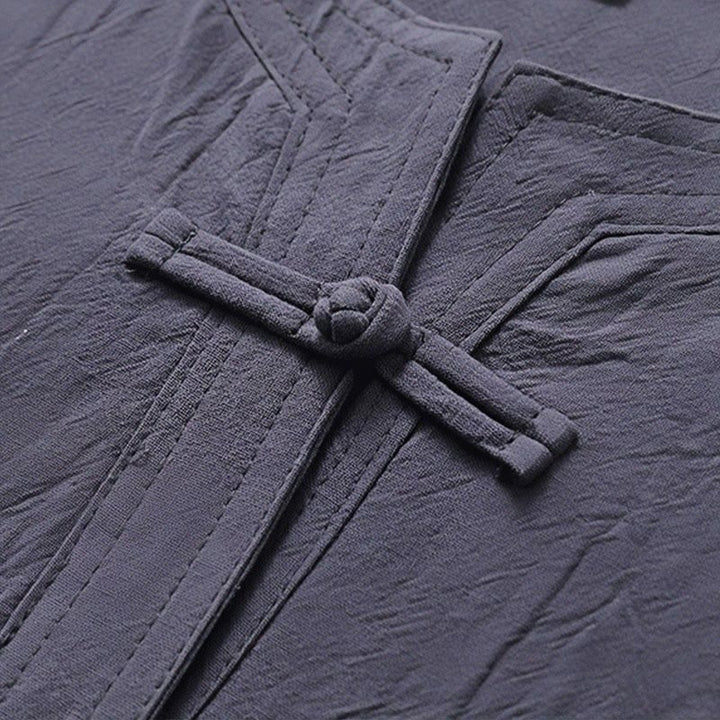Conjunto de 2 piezas de ropa de meditación para hombre con diseño simple de Buddha Stones, camisa china con botones de rana, cordón ajustable y pantalones anchos con bolsillos.
