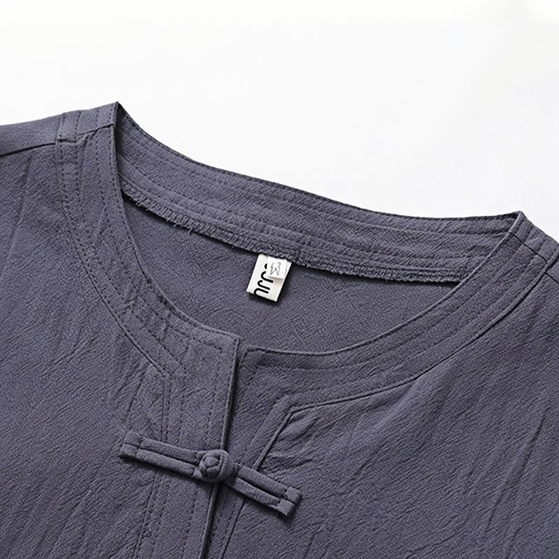 Conjunto de 2 piezas de ropa de meditación para hombre con diseño simple de Buddha Stones, camisa china con botones de rana, cordón ajustable y pantalones anchos con bolsillos.