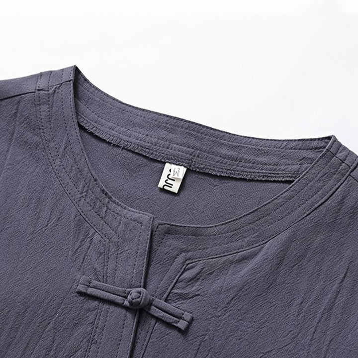 Conjunto de 2 piezas de ropa de meditación para hombre con diseño simple de Buddha Stones, camisa china con botones de rana, cordón ajustable y pantalones anchos con bolsillos.