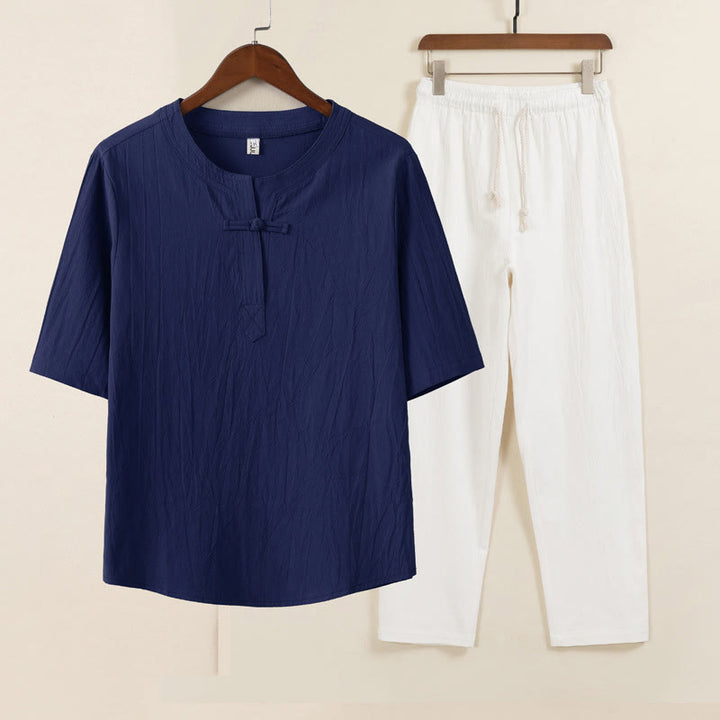 Conjunto de 2 piezas de ropa de meditación para hombre con diseño simple de Buddha Stones, camisa china con botones de rana, cordón ajustable y pantalones anchos con bolsillos.