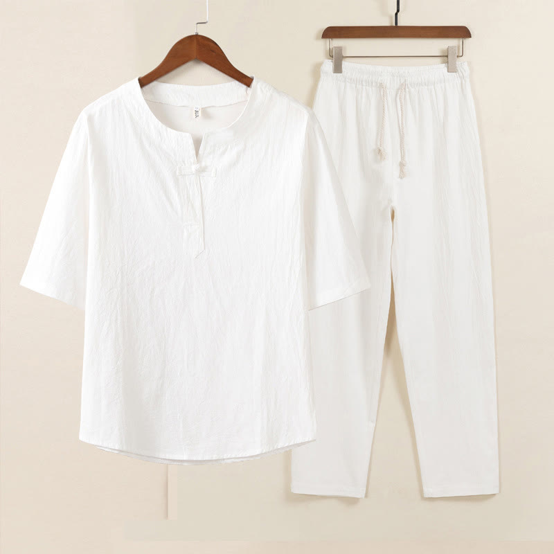 Conjunto de 2 piezas de ropa de meditación para hombre con diseño simple de Buddha Stones, camisa china con botones de rana, cordón ajustable y pantalones anchos con bolsillos.