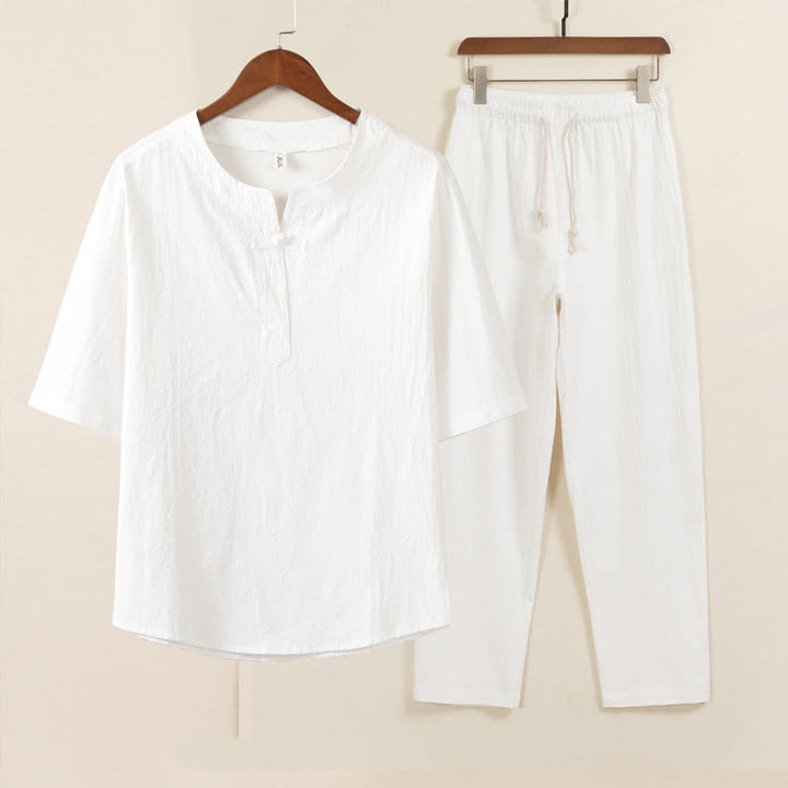 Conjunto de 2 piezas de ropa de meditación para hombre con diseño simple de Buddha Stones, camisa china con botones de rana, cordón ajustable y pantalones anchos con bolsillos.