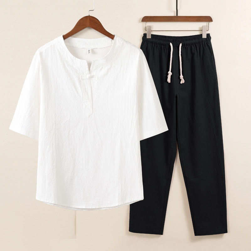 Conjunto de 2 piezas de ropa de meditación para hombre con diseño simple de Buddha Stones, camisa china con botones de rana, cordón ajustable y pantalones anchos con bolsillos.