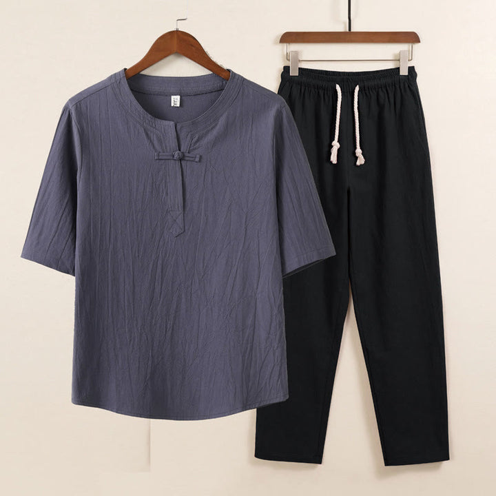 Conjunto de 2 piezas de ropa de meditación para hombre con diseño simple de Buddha Stones, camisa china con botones de rana, cordón ajustable y pantalones anchos con bolsillos.