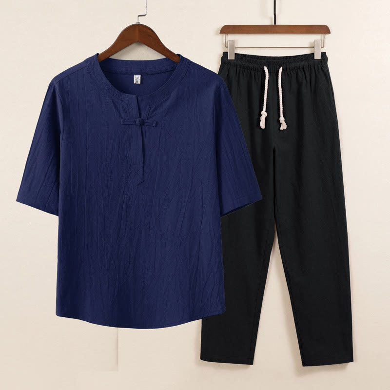 Conjunto de 2 piezas de ropa de meditación para hombre con diseño simple de Buddha Stones, camisa china con botones de rana, cordón ajustable y pantalones anchos con bolsillos.