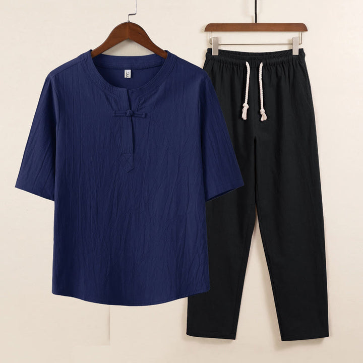 Conjunto de 2 piezas de ropa de meditación para hombre con diseño simple de Buddha Stones, camisa china con botones de rana, cordón ajustable y pantalones anchos con bolsillos.