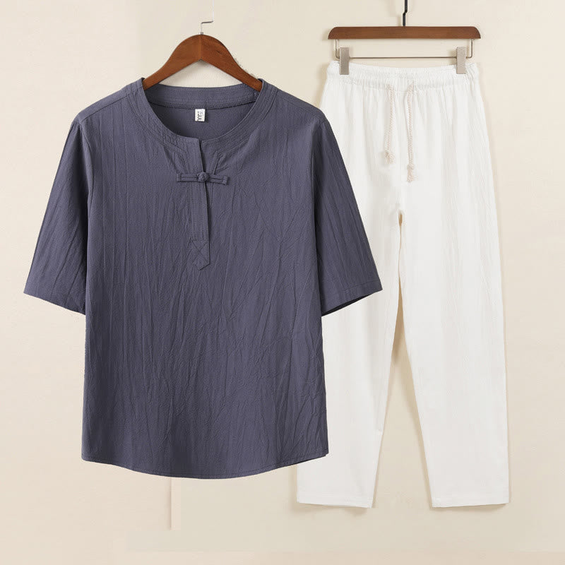 Conjunto de 2 piezas de ropa de meditación para hombre con diseño simple de Buddha Stones, camisa china con botones de rana, cordón ajustable y pantalones anchos con bolsillos.