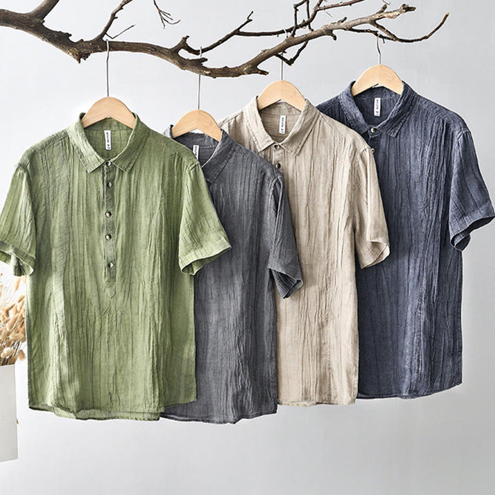 Camisa casual de lino y ramio con solapa lisa y medio botón para hombre con estampado de Buddha Stones - image 26