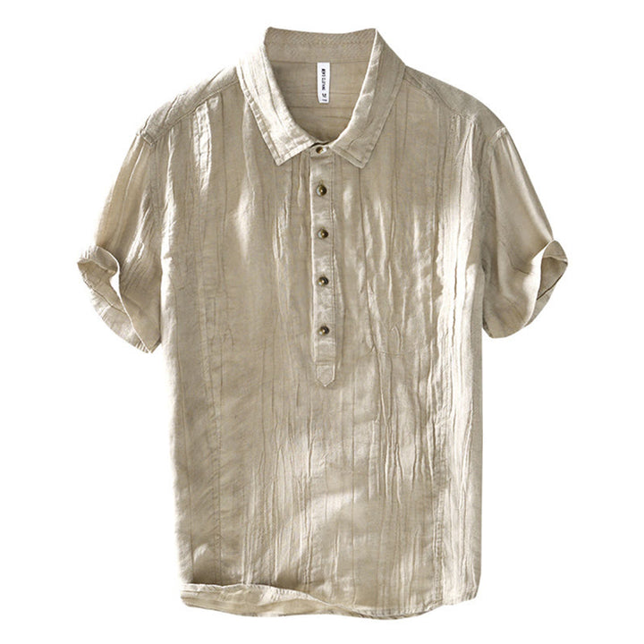 Camisa casual de lino y ramio con solapa lisa y medio botón para hombre con estampado de Buddha Stones - image 6