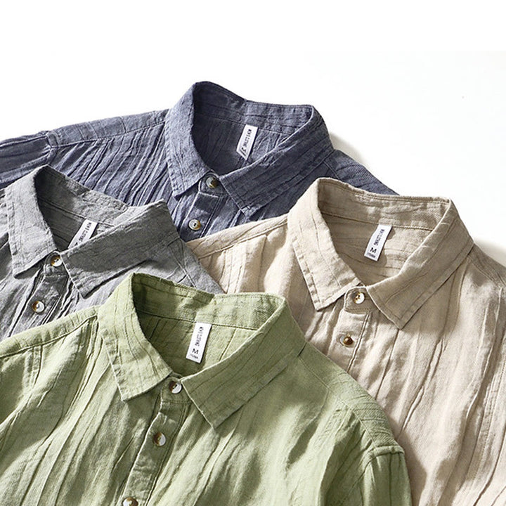 Camisa casual de lino y ramio con solapa lisa y medio botón para hombre con estampado de Buddha Stones - image 25