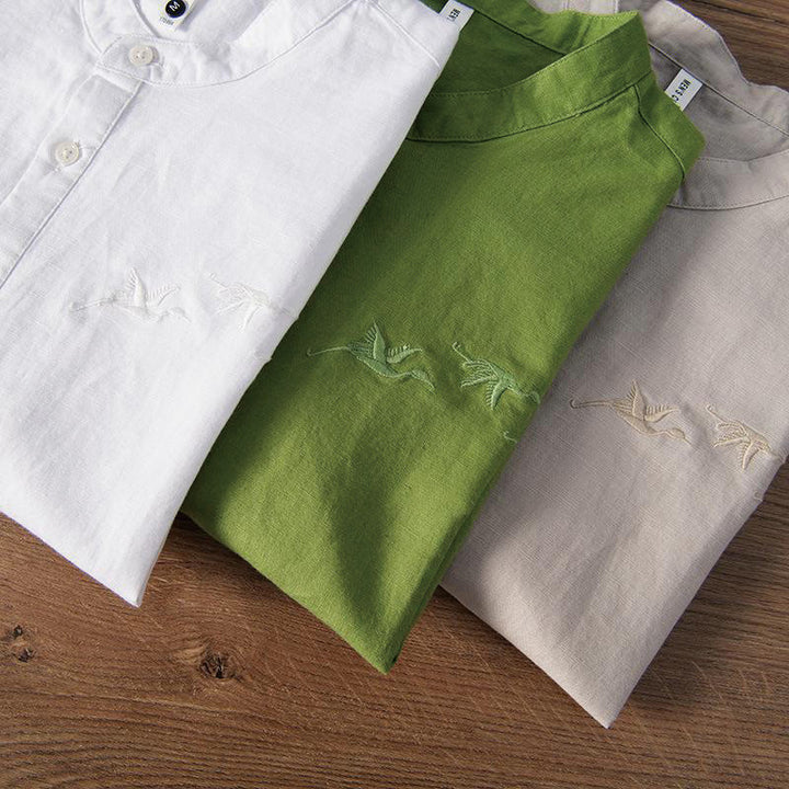 Camisa de hombre de lino y algodón con cuello alto y medio botón, con bordado suave de Buddha Stones y patrón de grulla - image 17