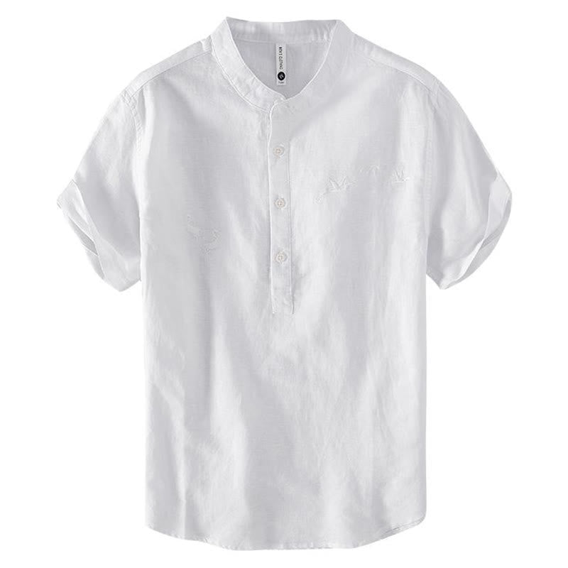 Camisa de hombre de lino y algodón con cuello alto y medio botón, con bordado suave de Buddha Stones y patrón de grulla - image 8