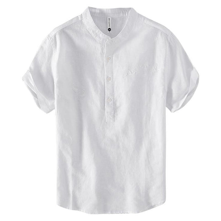 Camisa de hombre de lino y algodón con cuello alto y medio botón, con bordado suave de Buddha Stones y patrón de grulla - image 8